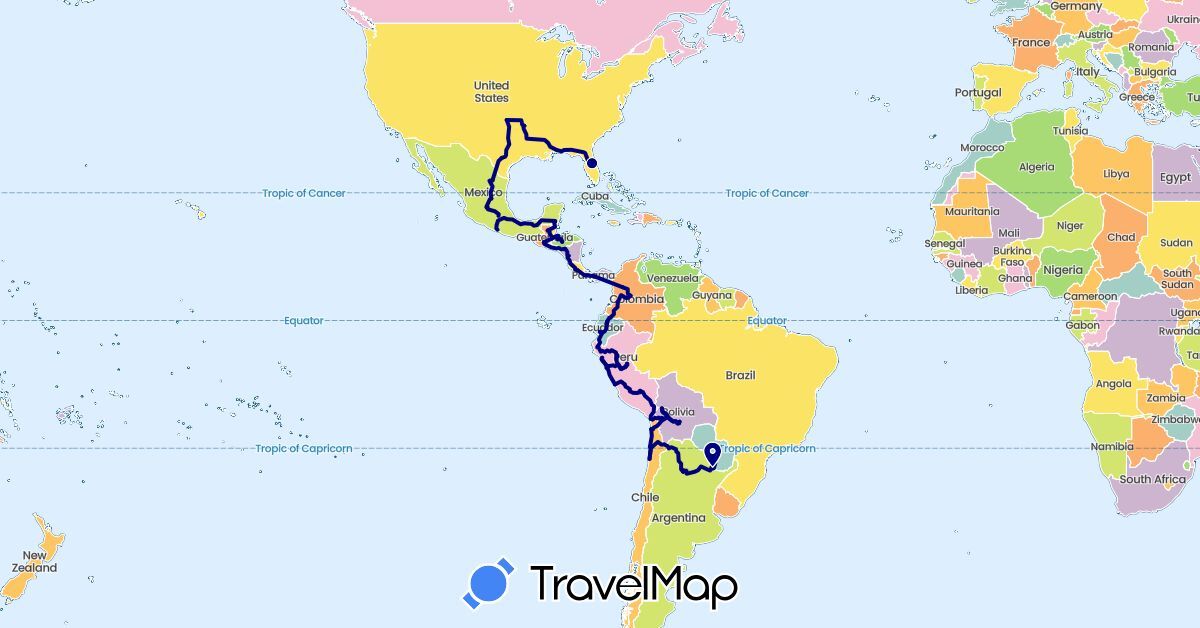 TravelMap itinerary: driving in Argentina, Bolivia, Belize, Chile, Colombia, Costa Rica, Ecuador, Guatemala, Honduras, Mexico, Nicaragua, Panama, Peru, Paraguay, United States (North America, South America)